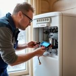 Technician inspecting a gas furnace burner assembly in an Edison, NJ home