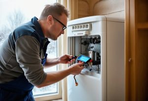Technician inspecting a gas furnace burner assembly in an Edison, NJ home